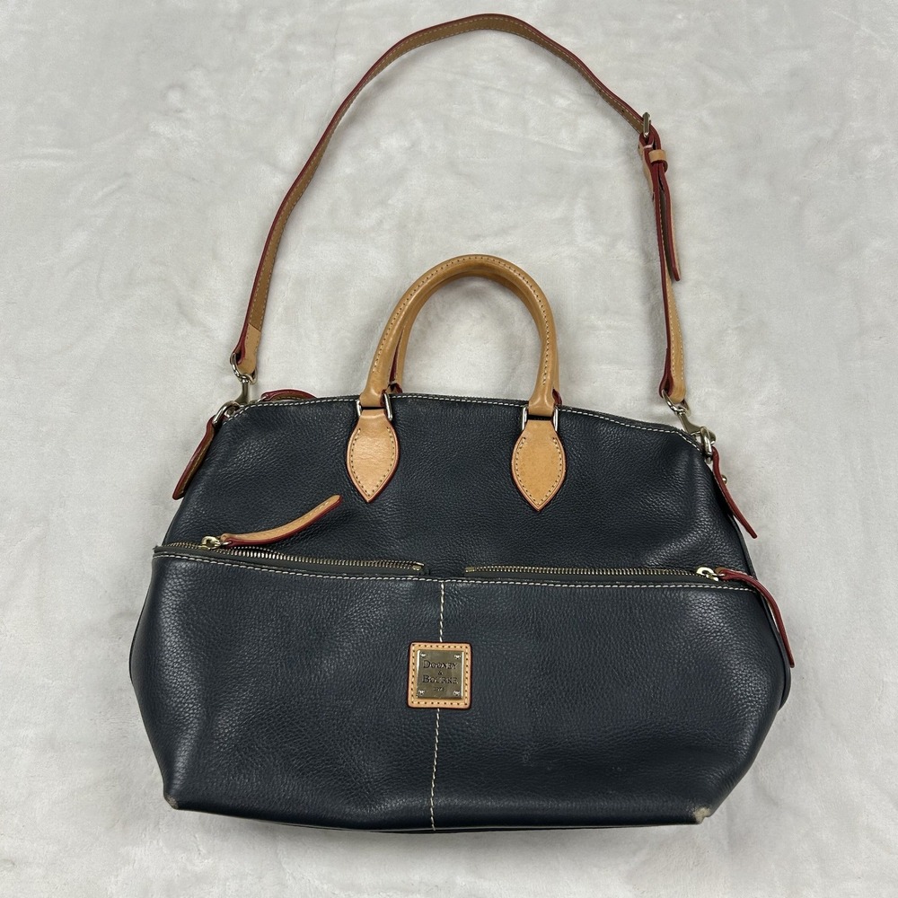 Dooney & Bourke Pebbled Leather Satchel Bag Womens Large Black Tan Gold Logo B4
